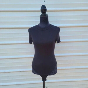 Marci Women's Bodysuit Sz S Black Stretch Ribbed Short Sleeve Sleeve Rayon Snap